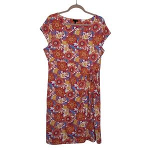 Talbots Floral Citrus Print Jersey Knit Dress with Tie Waist Size XL Pink Orange